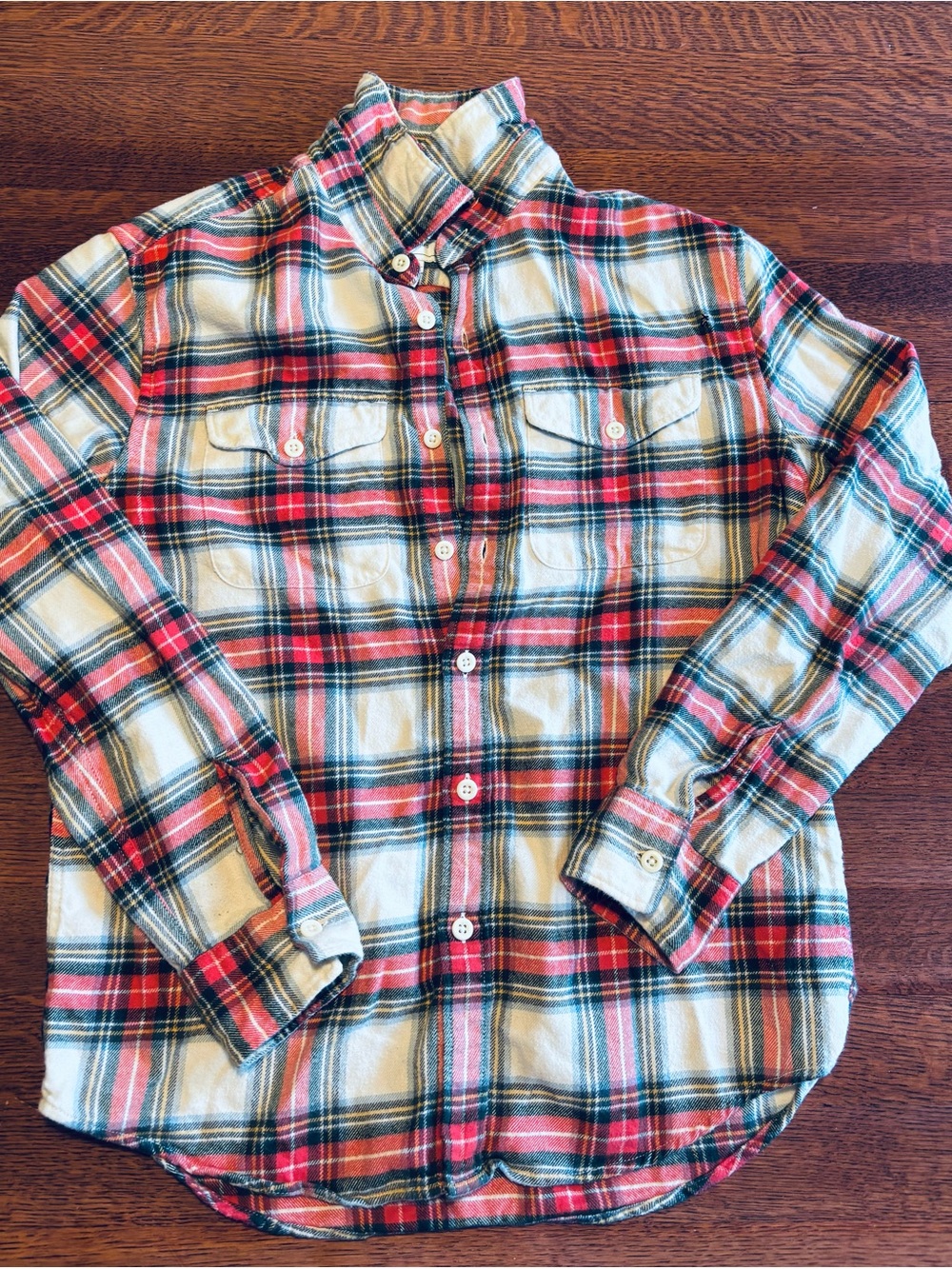 Men's American Eagle Red and Cream Plaid Button-Down Shirt